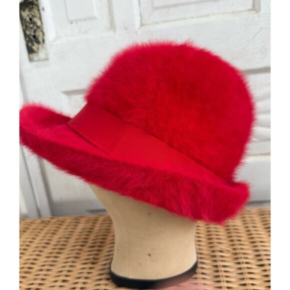 Vintage 60\'s Kangol Designs England Womens Fuzzy Angora Fedora Hat Red 22\